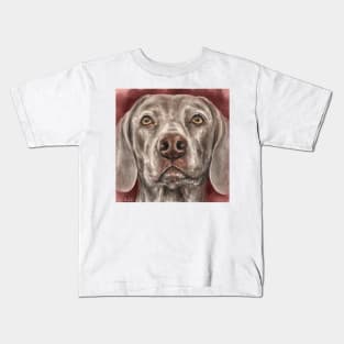 Painting of a Grey Brown Weimaraner Dog Looking At You on Red Background Kids T-Shirt